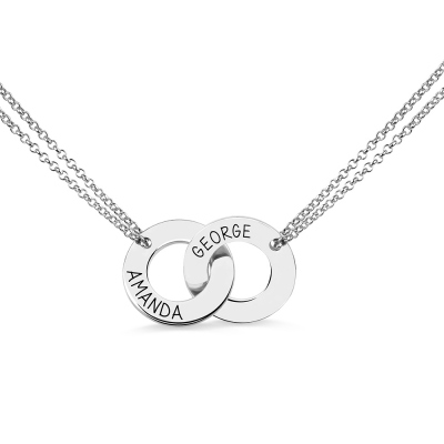 Engraved Interlocking Two Names Circle Necklace Sterling Silver