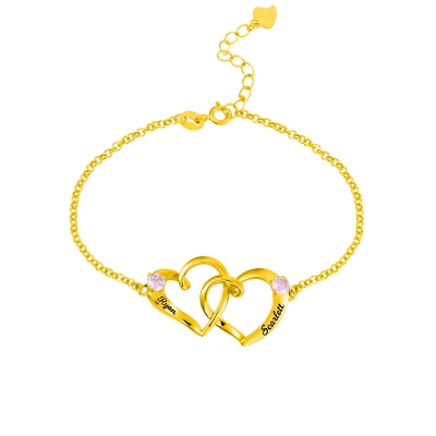 Custom Double Heart Engraved Bracelet Gold Plated