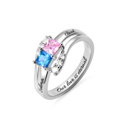 Customized Dual Birthstones Engraved Sterling Silver Ring