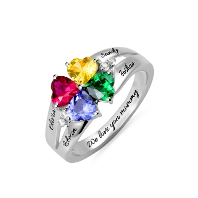 Engraved 4 Heart Birthstones Name Ring Sterling Silver