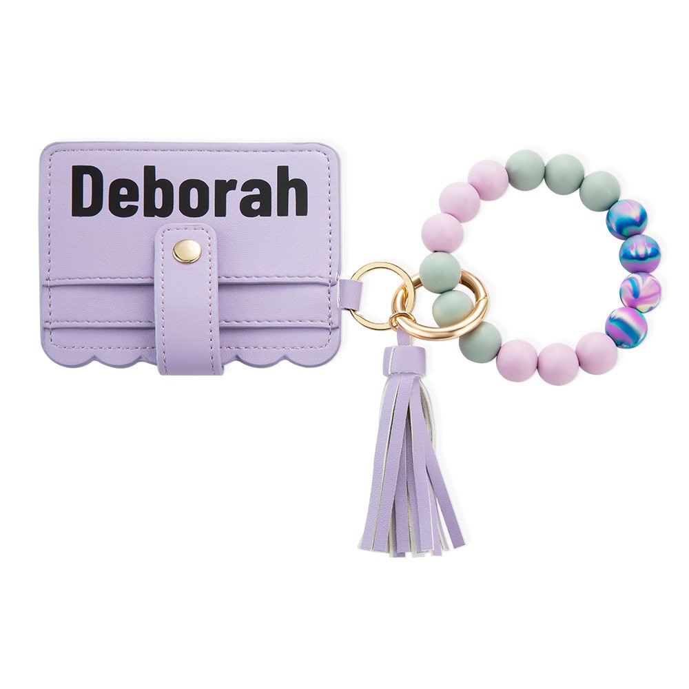 Schlüsselbund-Brieftasche mit Armband, Silikonperlen-Armband, Schlüsselhalter und Ledergeldbörse, personalisierte Geschenke für Sie/Frauen