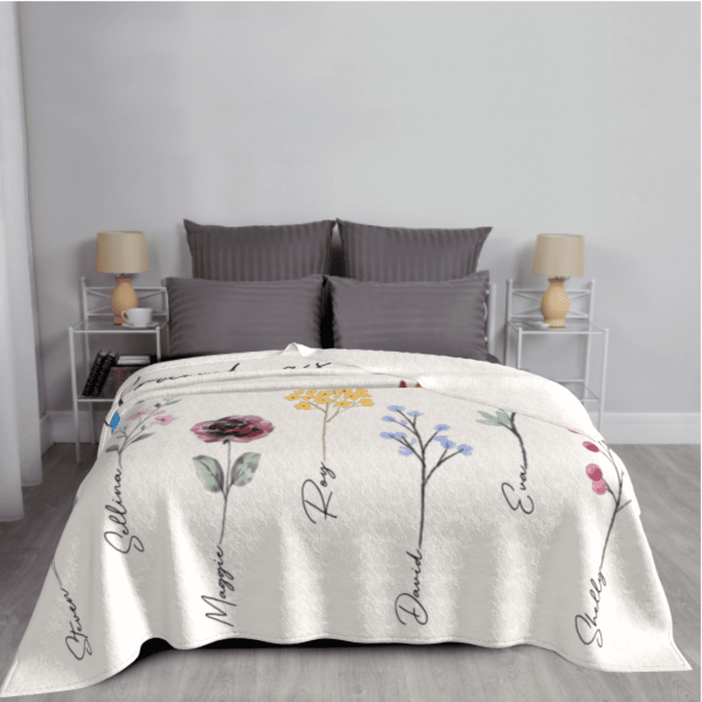 Personalisierte Omas Gartendecke mit Geburtsmonatsblumen und Enkelnamen, individuelle Decken