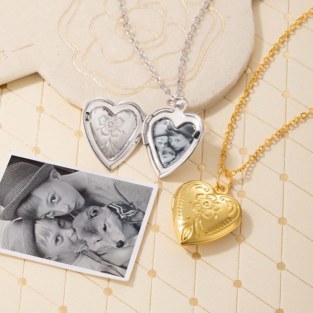 Colar de medalhão de coração personalizado com flor, colar de foto, colar de prata esterlina, colar delicado/pequeno medalhão, presente para esposa/menina/mãe