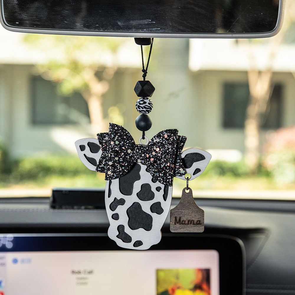 Custom Highland Cattle Cow Print Car Charm with Bow, Rear View Mirror Accessories with Engraved Name Tag, Birthday Gift for Women/Cow Lover