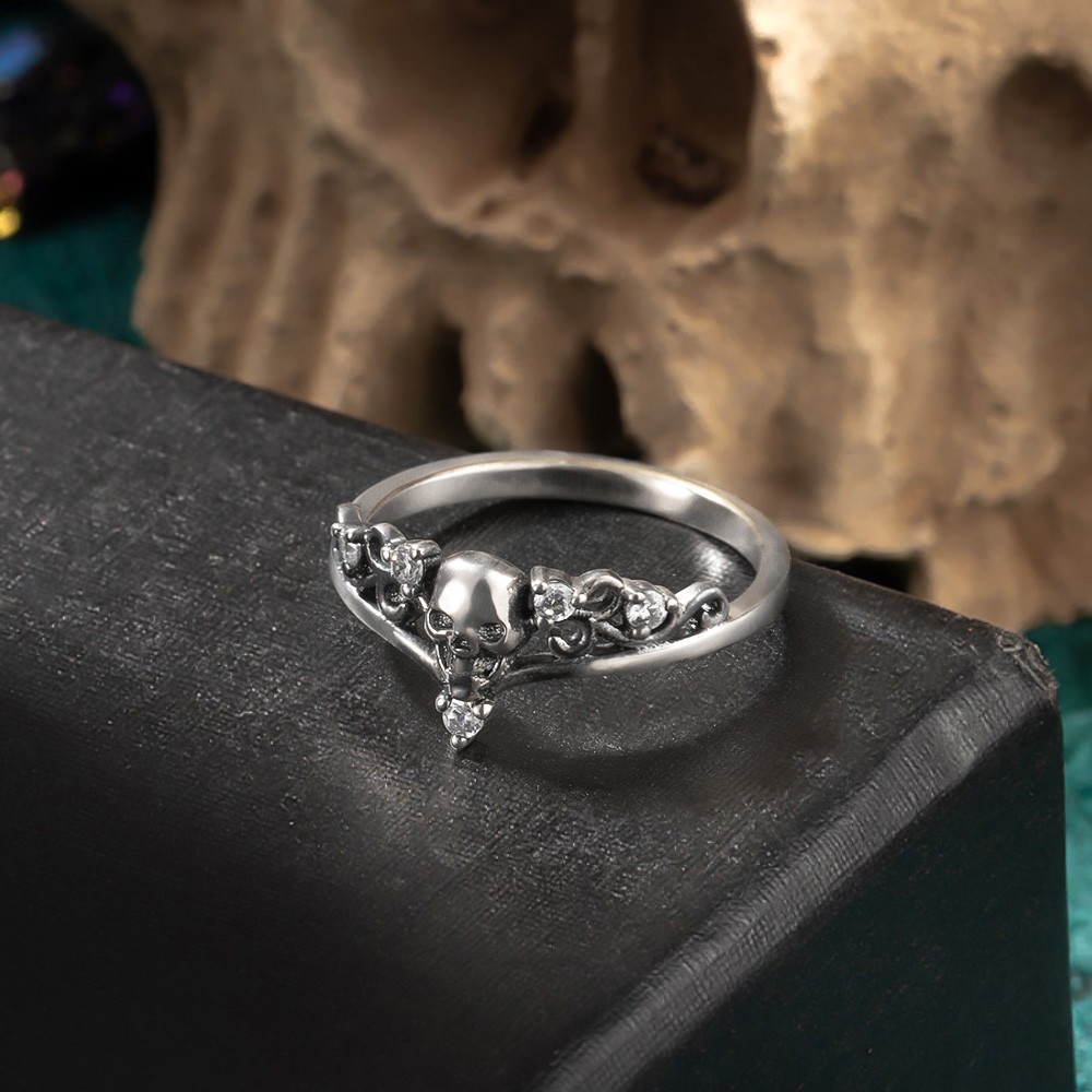 Anel de noivado de caveira gótica, anel de esqueleto com strass, anel de bronze/prata esterlina 925, anel steampunk, presente para ele/ela