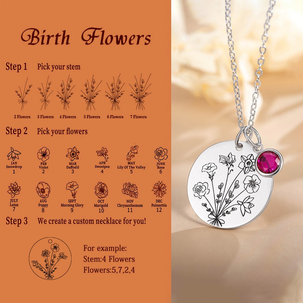 Kombinierte Halskette mit Geburtsmonatsblumen
