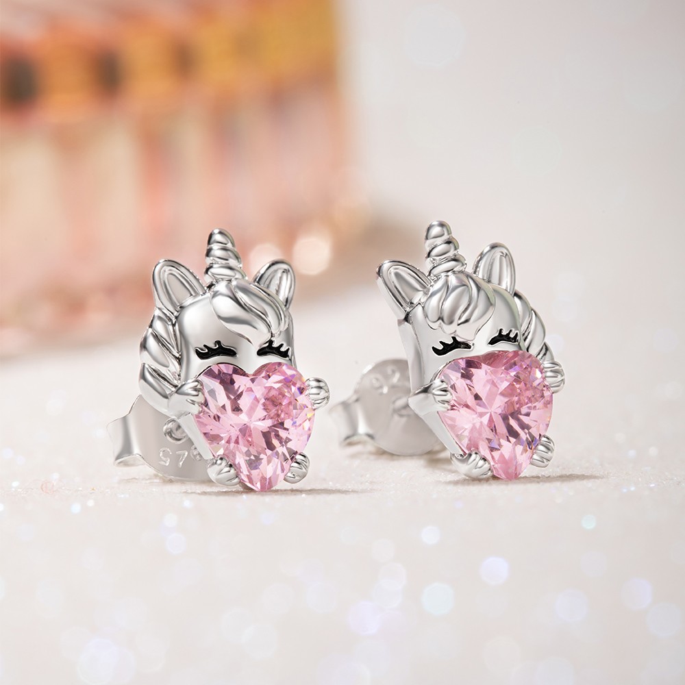 Custom Birthstone Unicorn Stud Earrings, Sterling Silver 925 Unicorn Jewelry, Birthday/Anniversary/Christmas Gift for Women/Girls/Unicorn Lover