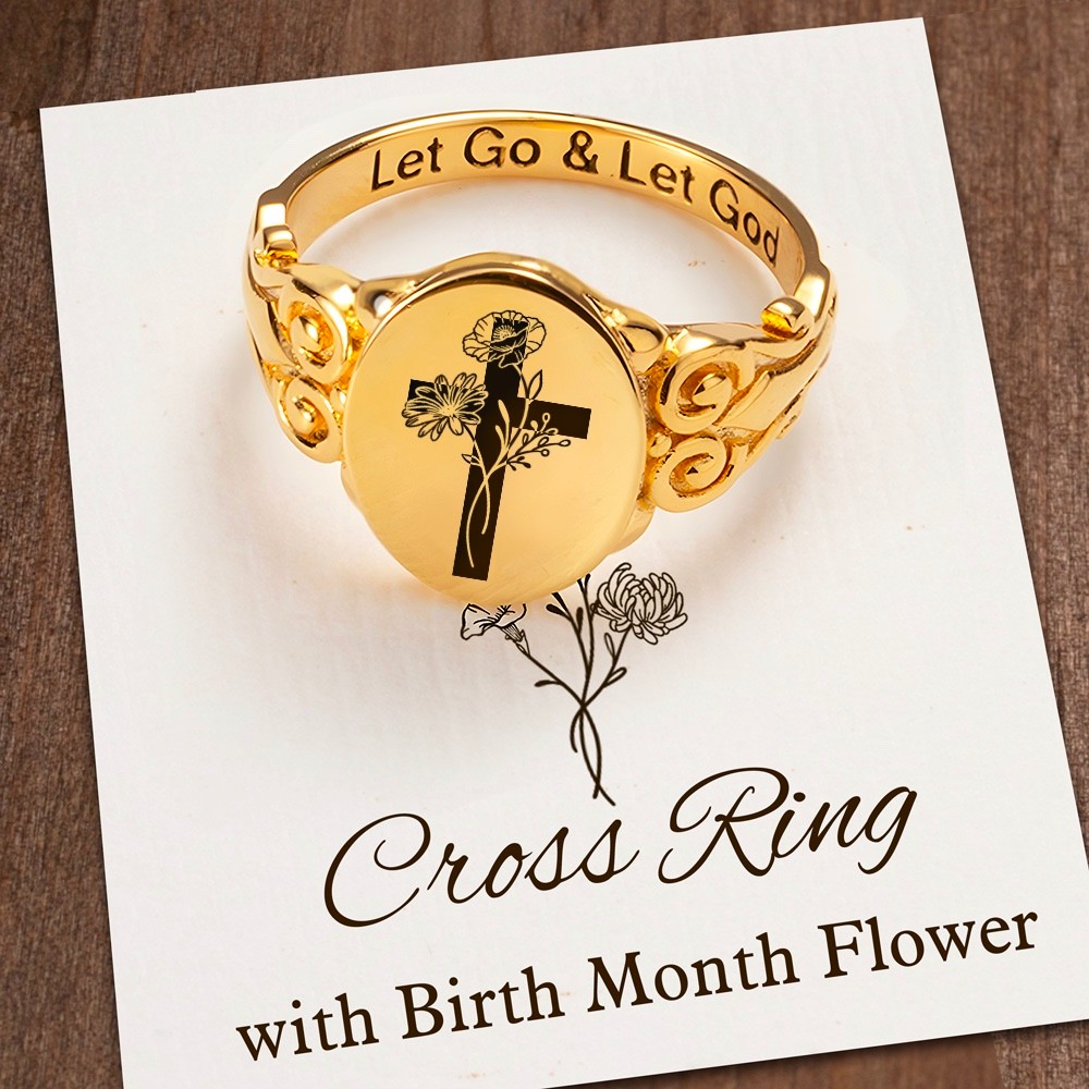 Custom Birth Flower Bouquet Cross Ring, Let Go and Let God Ring, Sterling Silver Engraving Ring for Women, Mother's Day/Birthday Gifts, Gift for Her
