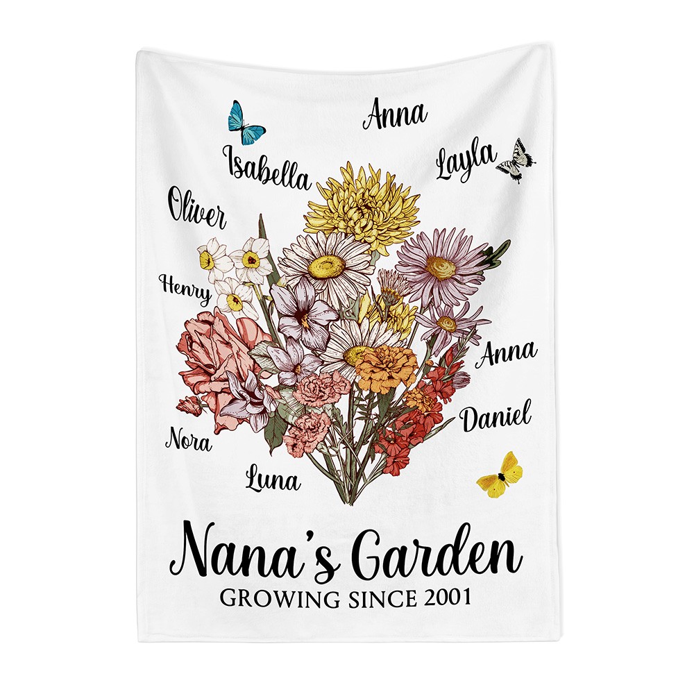 Coperta da giardino personalizzata per la mamma con nome e fiore di nascita, coperta floreale da giardino, regalo di compleanno/festa della mamma per mamma/nonna di bambini/nipoti