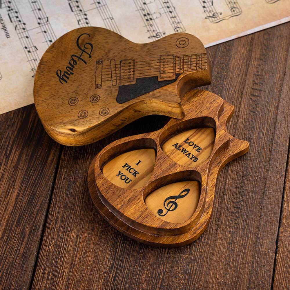 Personalized Wooden Guitar Picks Set of 3 with a Storage Case, Engraved Holder Box for Pick Set, Gift for Guitar Player Musician Birthday Gift Idea