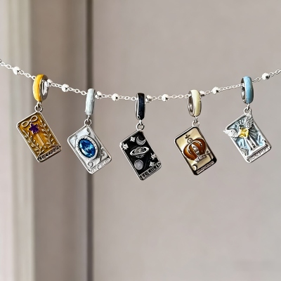 Tarot Card Necklace Pendant, Sterling Silver 925 Major Arcana Jewelry with Gemstones, Spiritual Protection & Energy Amulet for Mystics/Tarot Lovers