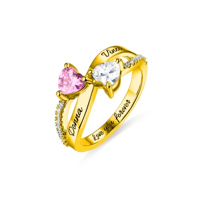 Engraved Two Heart Shaped CZ Ring In Gold