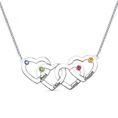 Four Hearts Names&Birthstones Necklace In Silver