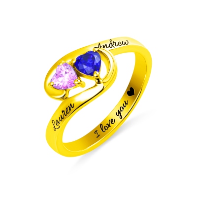 Engraved Two Heart Birthstones Promise Ring In Gold