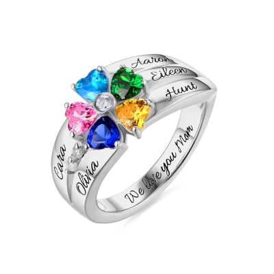 Engraved Five Heart Birthstones Silver Ring