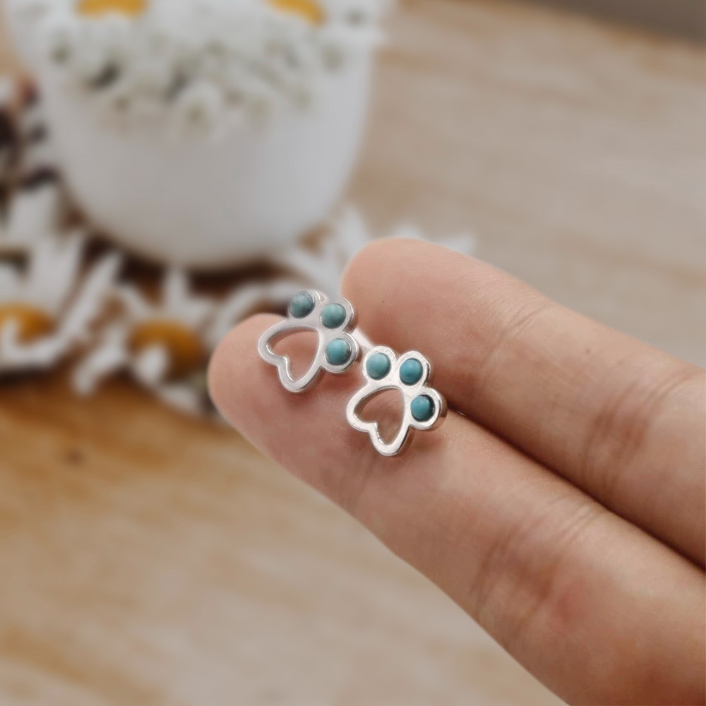 Gemstone Turquoise Paw Stud Earrings, S925 Sterling Silver Natural Crystal Earrings Studs, Puppy Dog Cat Pet Paw Print Earrings for Women Girls