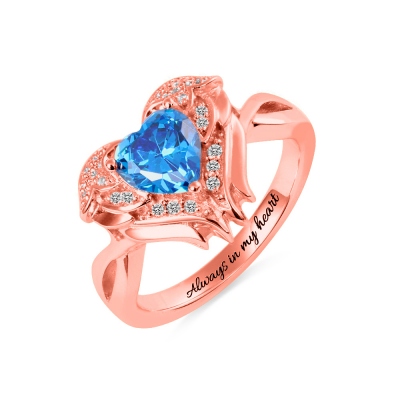 Engraved Angel Wings Ring with Birthstone in Rose Gold for Her
