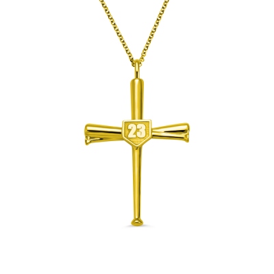Engraved Baseball Cross Necklace Gold