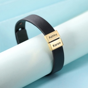 Bracelet en cuir avec nom personnalisé pour famille en or