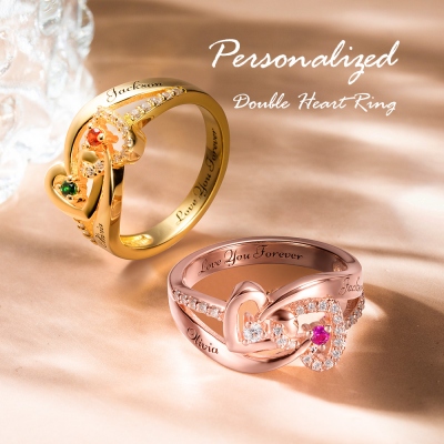 Personalized Name Double Heart Interwoven Ring