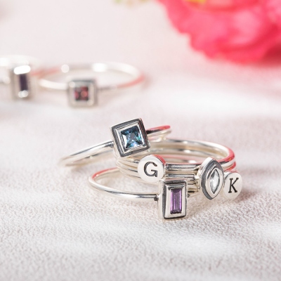 Personalized Initial and Birthstone Stackable Ring