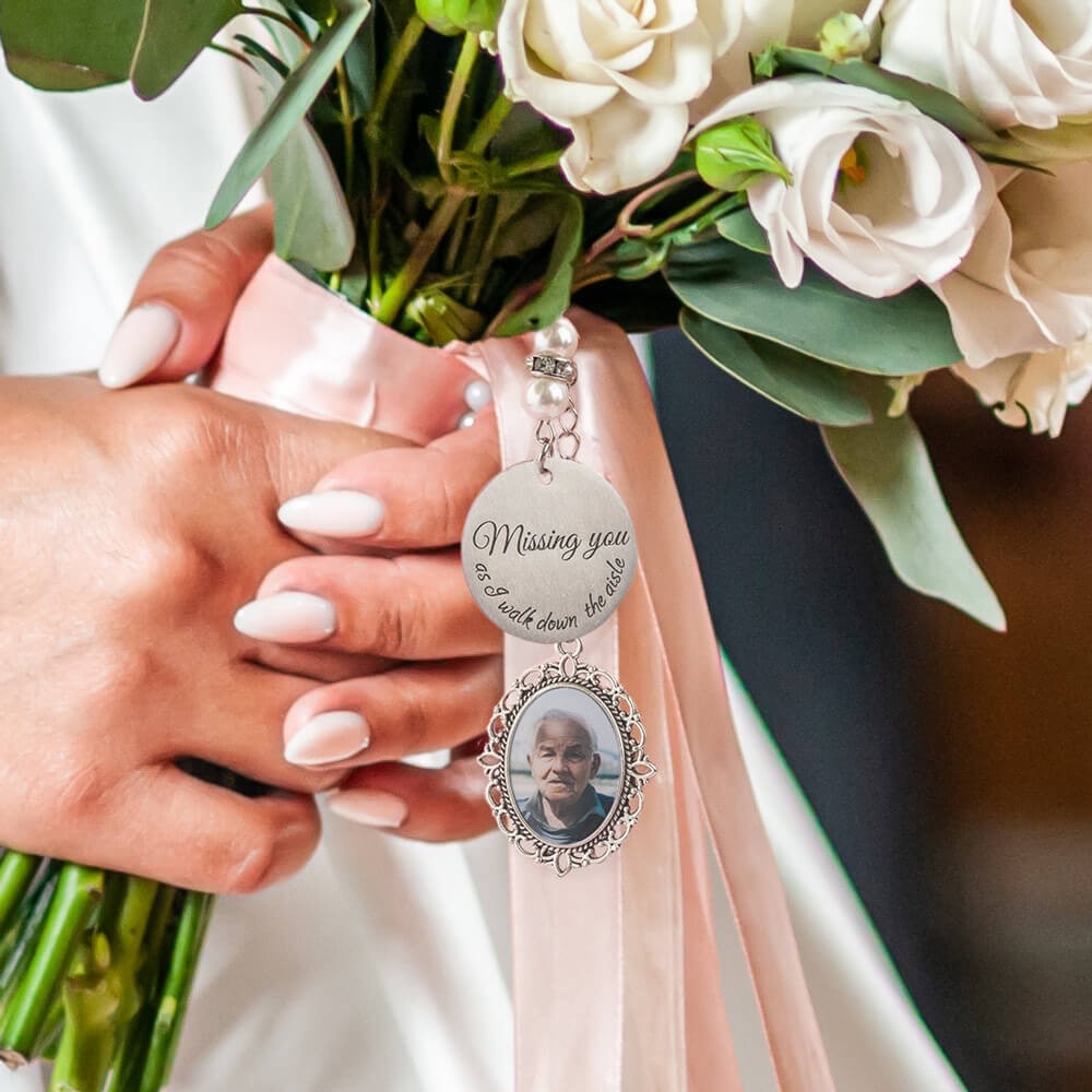 Customized Photo Charm for Bridal Memorial Bouquet, with Heart Engraved Pendant, Gift for Bride