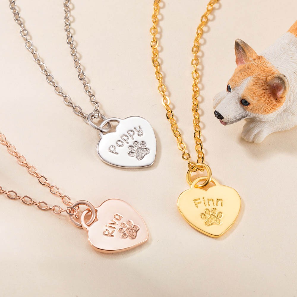 Personalized Paw Print Necklace, Heart Necklace with Name, Heart Engraved Charm Necklace, Memorial Jewelry, Gifts for Pet Lover/Her