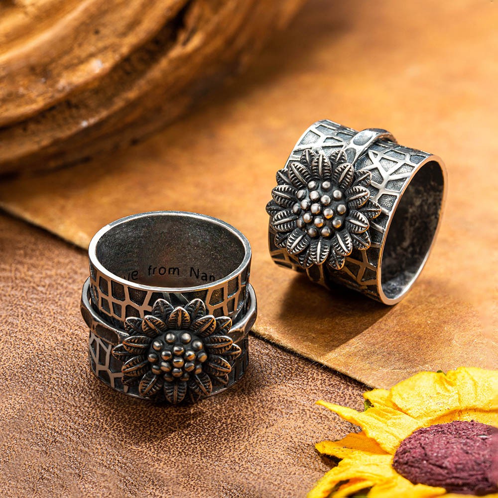 Anello fidget girasole personalizzato, anello spinner fiore anti-ansia, anello di preoccupazione, anello grosso Boho in argento sterling 925/ottone, gioielli Fidget per le donne