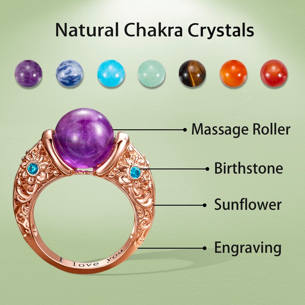 Anneau de pierre de guérison naturelle personnalisé, anneau de rouleau de massage en cristal de chakra, anneau de pierre de naissance tournesol, anneau d'anxiété, anneau de méditation, cadeau pour maman/femme