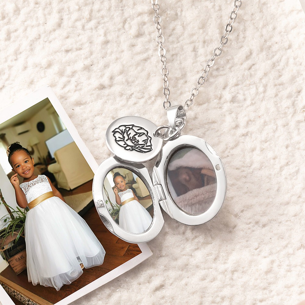 Collier photo et fleur de naissance personnalisé, collier photo avec nom, collier médaillon ovale, cadeau d'anniversaire/Saint-Valentin pour maman/grand-mère/épouse/couple