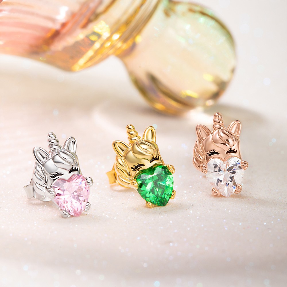 Boucles d'oreilles à tige de licorne avec pierre de naissance personnalisée, bijoux de licorne en argent sterling 925, cadeau d'anniversaire/d'anniversaire/de Noël pour les femmes/filles/amant de licorne