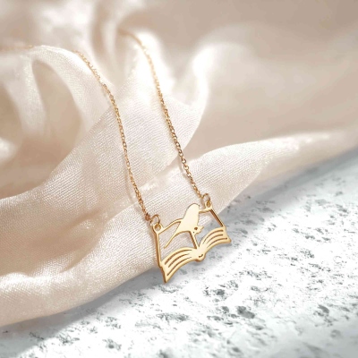 Bird on Book Necklace, Sterling Silver 925 Open Book Necklace, Custom Letter Minimalist Necklace, Christmas/Birthday Gift for Book Lovers/Bookworms