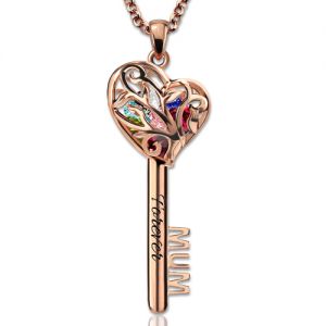 Mum Heart Cage Key Necklace With Birthstones In Rose Gold