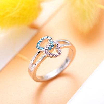 Engraved Double Heart Ring with Birthstone by Sterling Silver