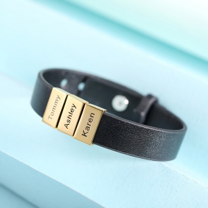 Bracelet en cuir avec nom personnalisé pour famille en or