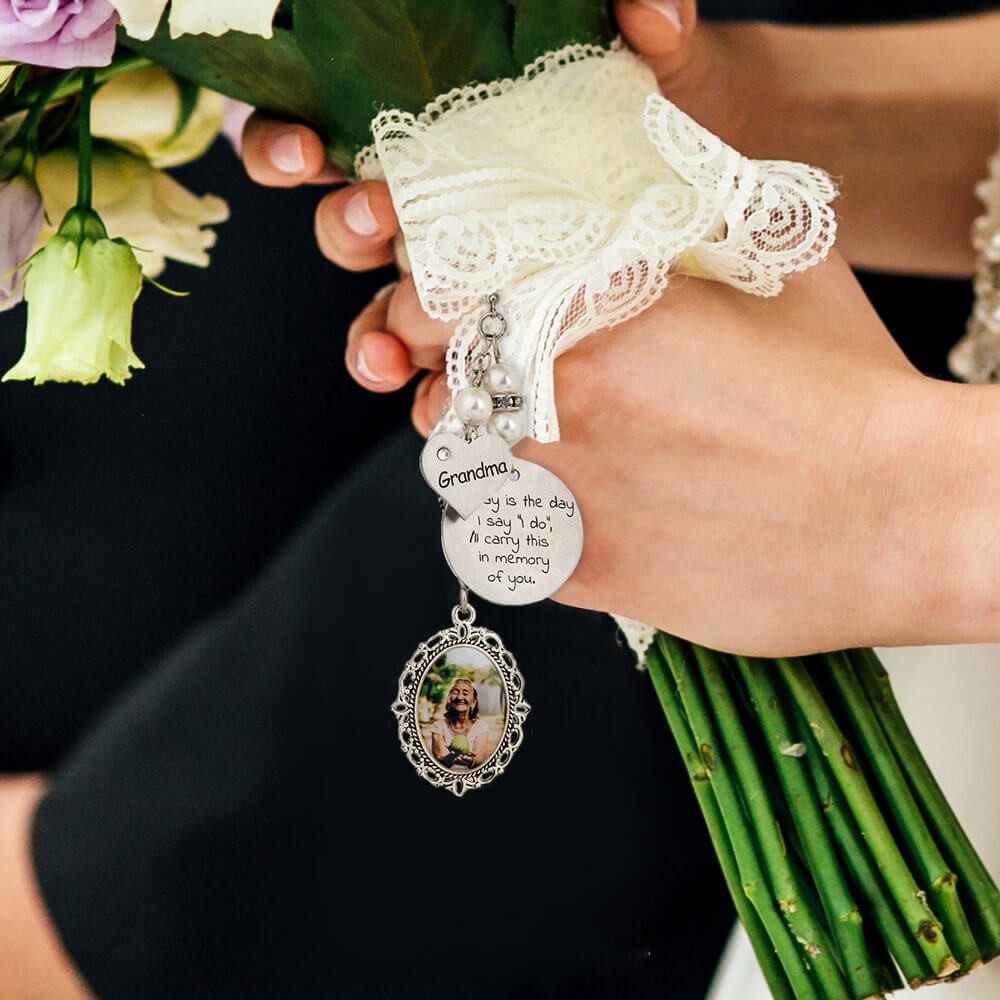 Ciondolo con foto personalizzato per bouquet da sposa commemorativo