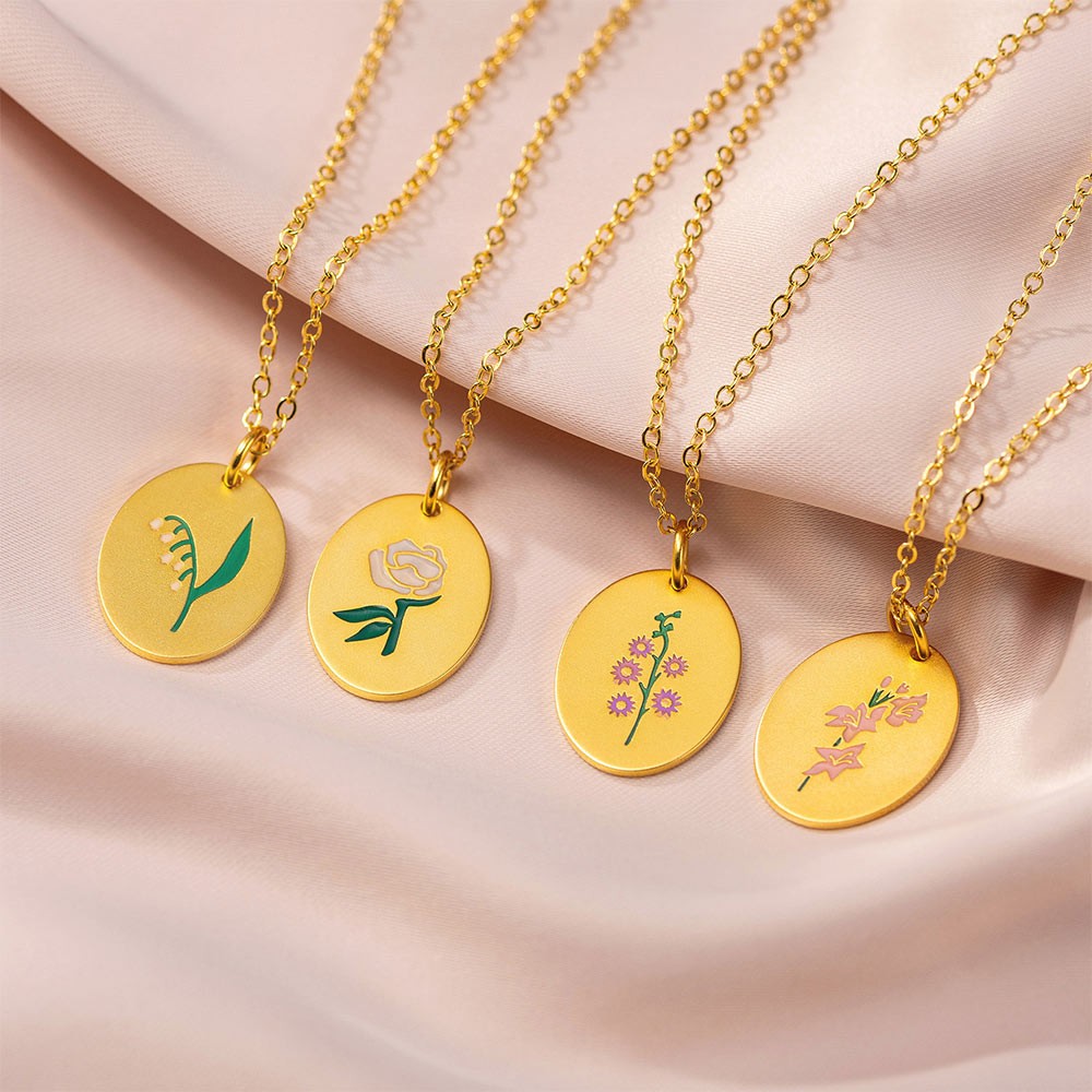 Personalisierte Emaille-Geburtsblumen-Halskette mit Namen, Blumengravierter Charm-Anhänger in Gold, Geburtstags-/Muttertagsgeschenk für Ehefrau/Mutter/Freundin/Tochter