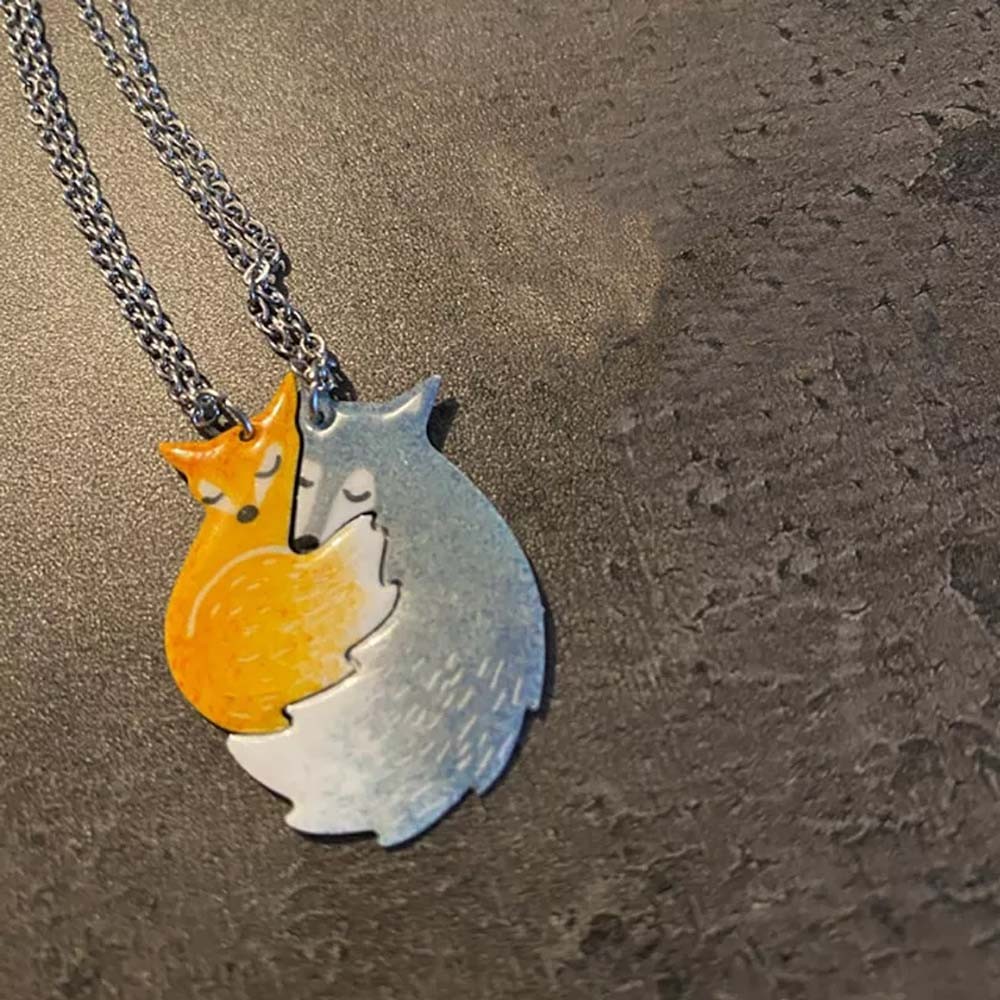 Hand-painted Fox and Wolf Couple Hug Necklace Christmas Gift