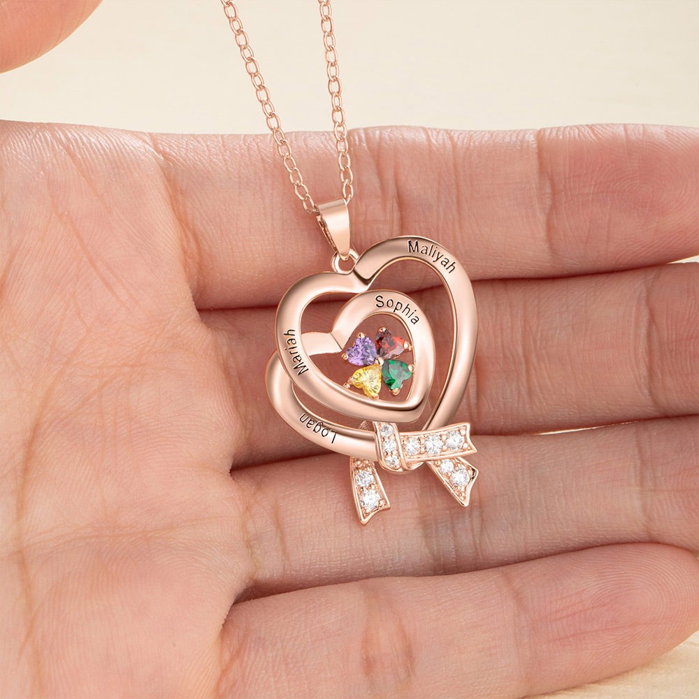 Dainty Heart Necklace with 1-4 Birthstones, Heart Necklace, Birthstone Necklace for Mom, Anniversary/Birthstone/Wedding Gift for Girlfriend/Her