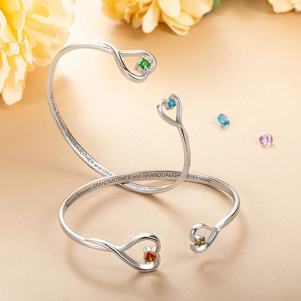 Personalized Double Birthstone Heart Bangle, Heart Charm Bracelet with Card, Family Jewelry, Christmas/Birthday Gift, Gift for Grandma/Granddaughter