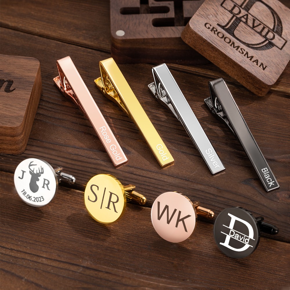Personalized Groomsmen Cufflinks, Engraved Cufflink with Box, Custom Tie Clip and Cufflink Set for Men, Father of the Bride Gifts