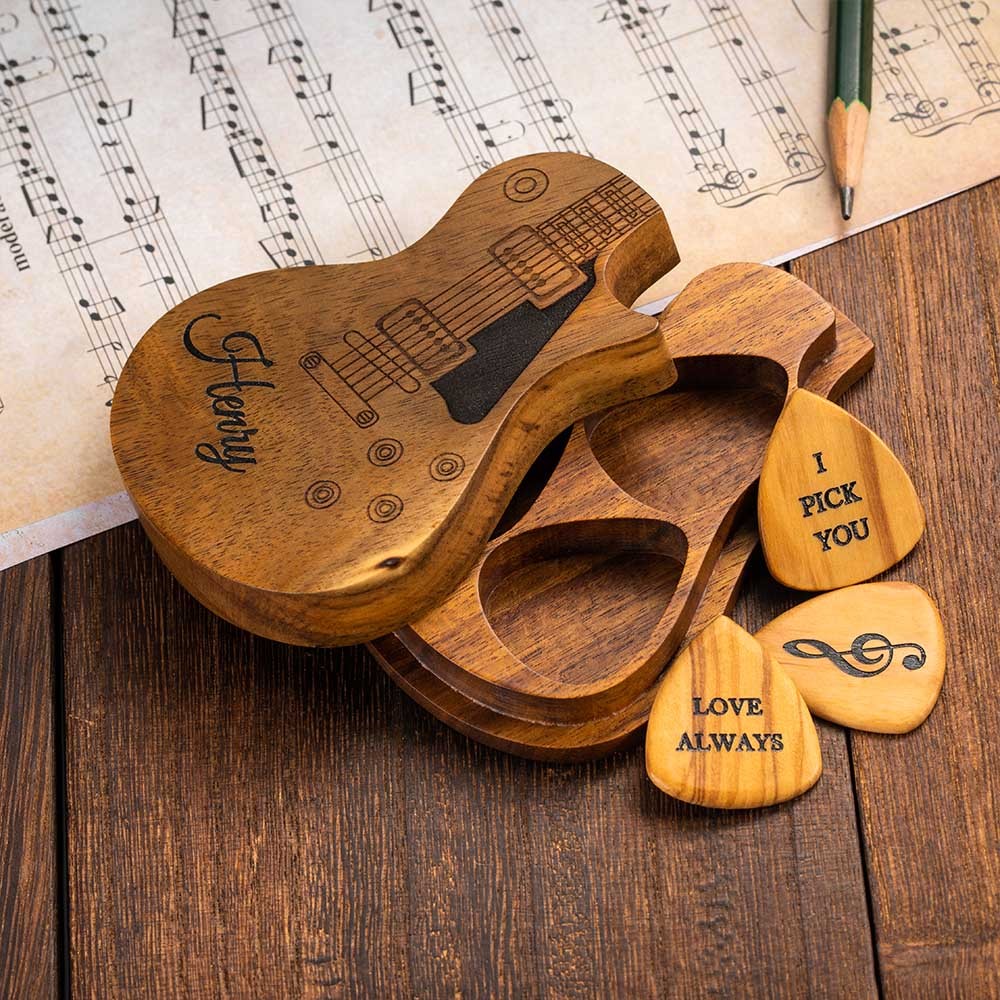 Personalized Wooden Guitar Picks Set of 3 with a Storage Case, Engraved Holder Box for Pick Set, Gift for Guitar Player Musician Birthday Gift Idea