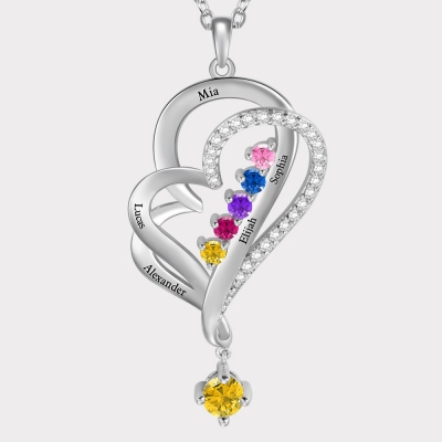 Custom 5 Birthstones & Names Double Love Heart Necklace