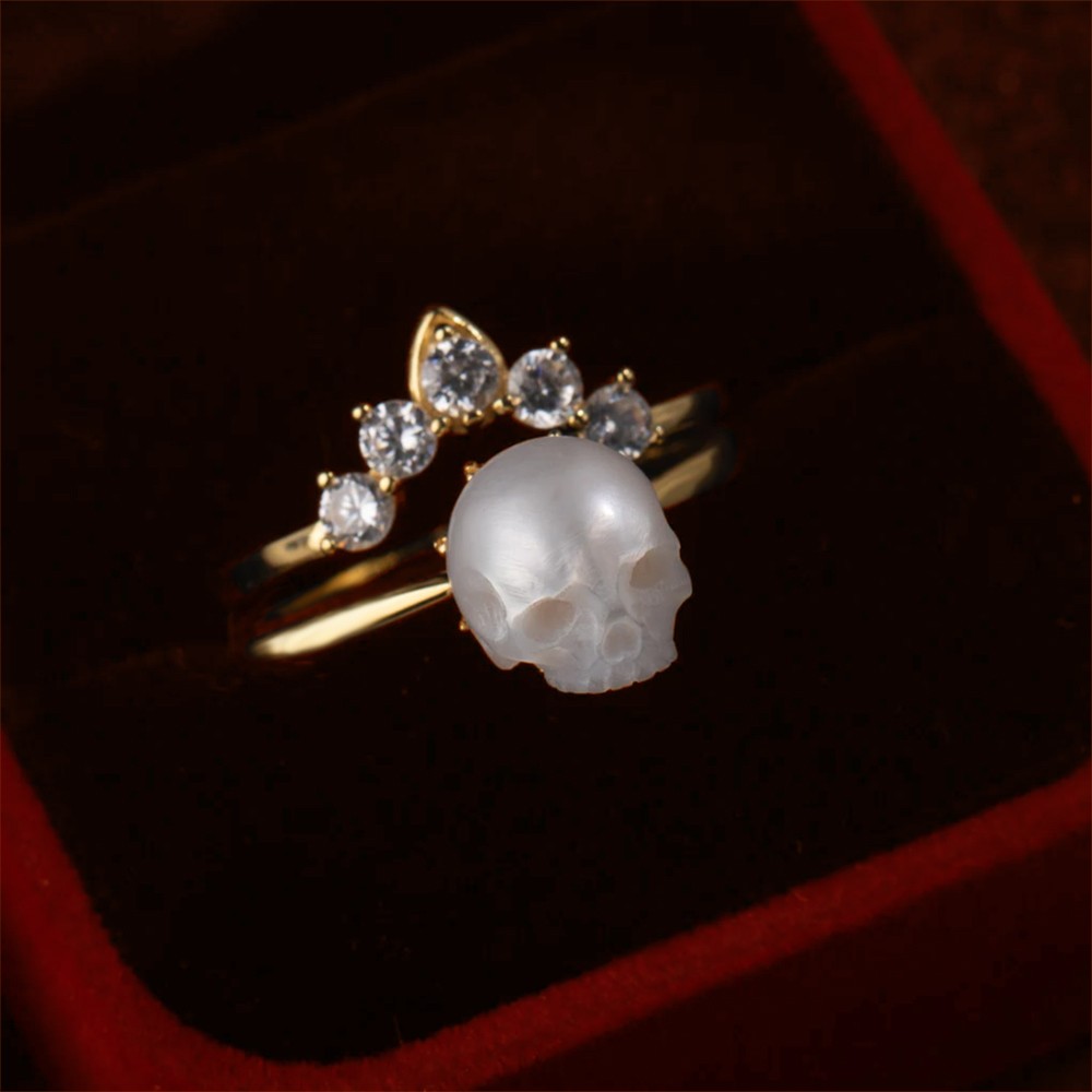 Personalisierter Perlenschädelring Kristallkronenring, 2 Stück Sterlingsilberring stapelbarer passender Ring, gotischer dunkler Schmuck für sie, sei meine Königin