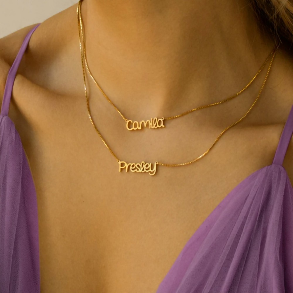 Nom personnalisé collier Double chaîne collier avec nom, collier en couches minimaliste ensemble de 2, écriture nom bijoux cadeau pour elle