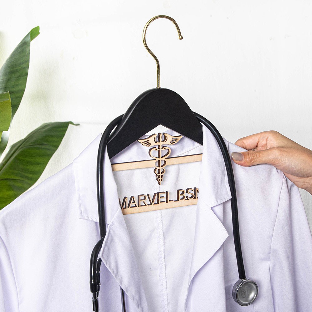 Custom White Coat Hanger with Caduceus Medical Symbol, 1st White Coat Hanger Med School Graduate Gift for New Doctor/Medical Student/Nurse