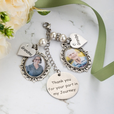 Customized Photo Charm for Bridal Memorial Bouquet, with Heart Engraved Pendant, Gift for Bride