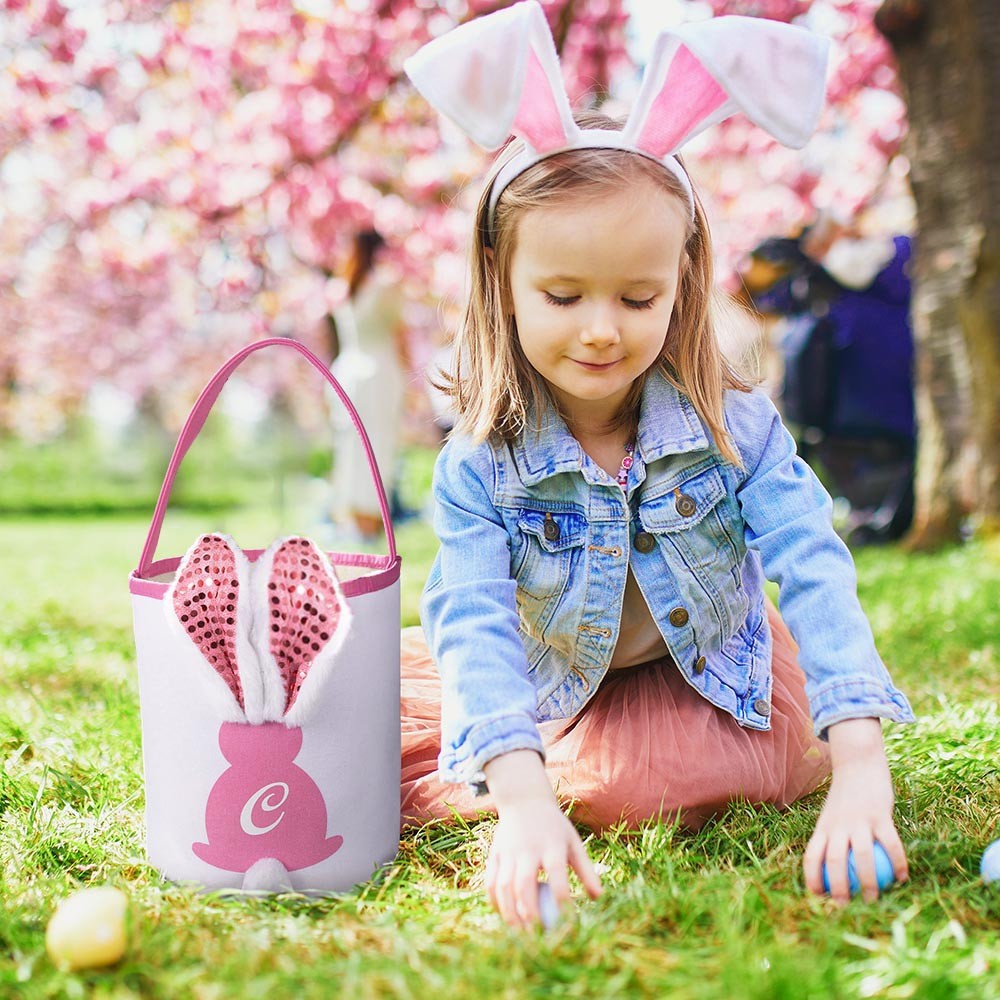 Panier personnalisé de lueur de lapin de Pâques, ornement initial personnalisé de lueur de Pâques, sac cadeau de bonbons de Pâques, fourre-tout de lapin de Pâques, cadeau de Pâques pour les enfants/famille