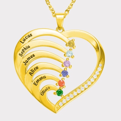 Personalized 6 Names and 6 Birthstones Family Heart Necklace