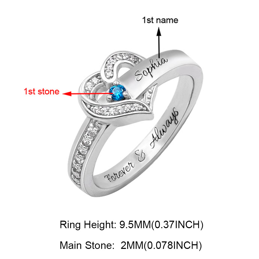 Presente personalizado do anel da família do anel do coração Birthstone para ela